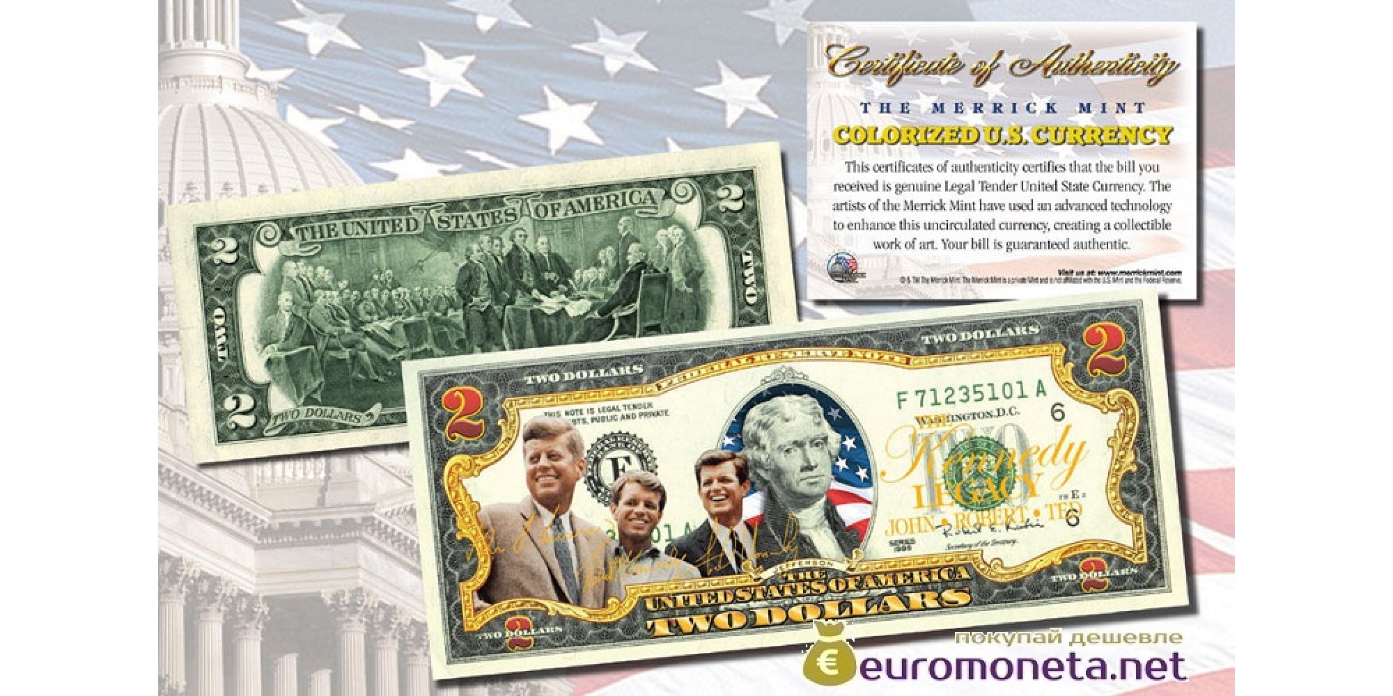 США 2 доллара 2003 семья Кеннеди братья фотопечать цветные оригинал