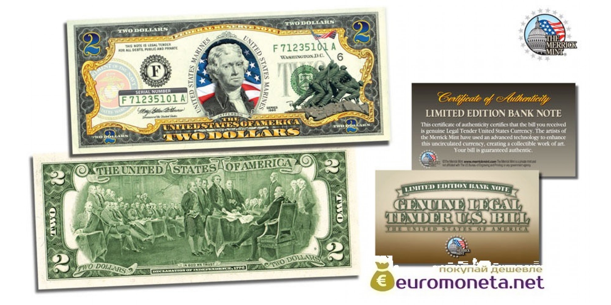 США 2 доллара 2003 морские пехотинцы Вторая Мировая война фотопечать цветные оригинал