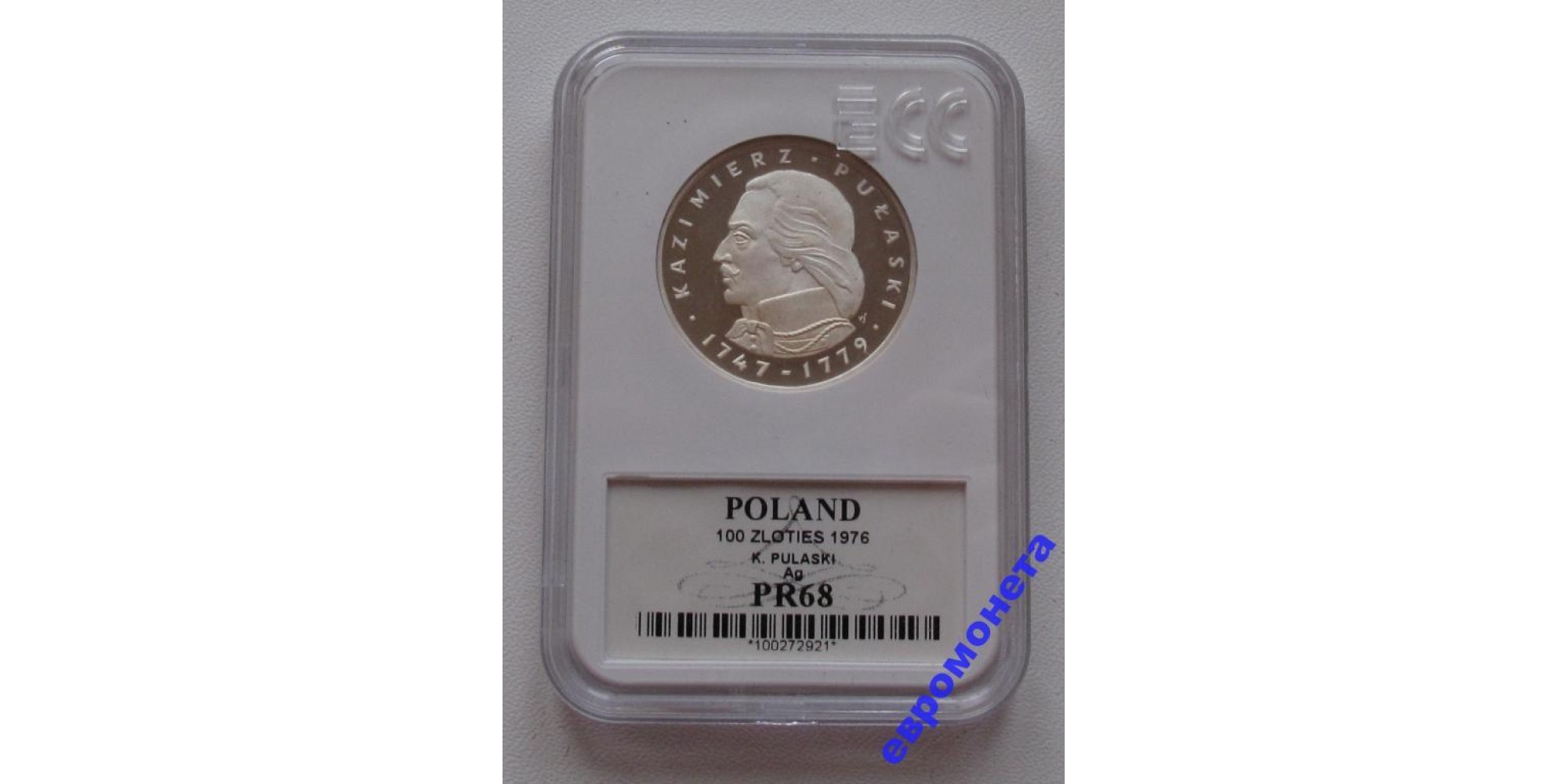 Польша 100 злотых 1976 год Казимир Пулавский серебро пруф слаб GCN PR68