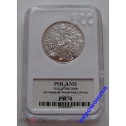 Польша 10 злотых 2008 год Почта Польши серебро слаб грейдинг GCN PR70