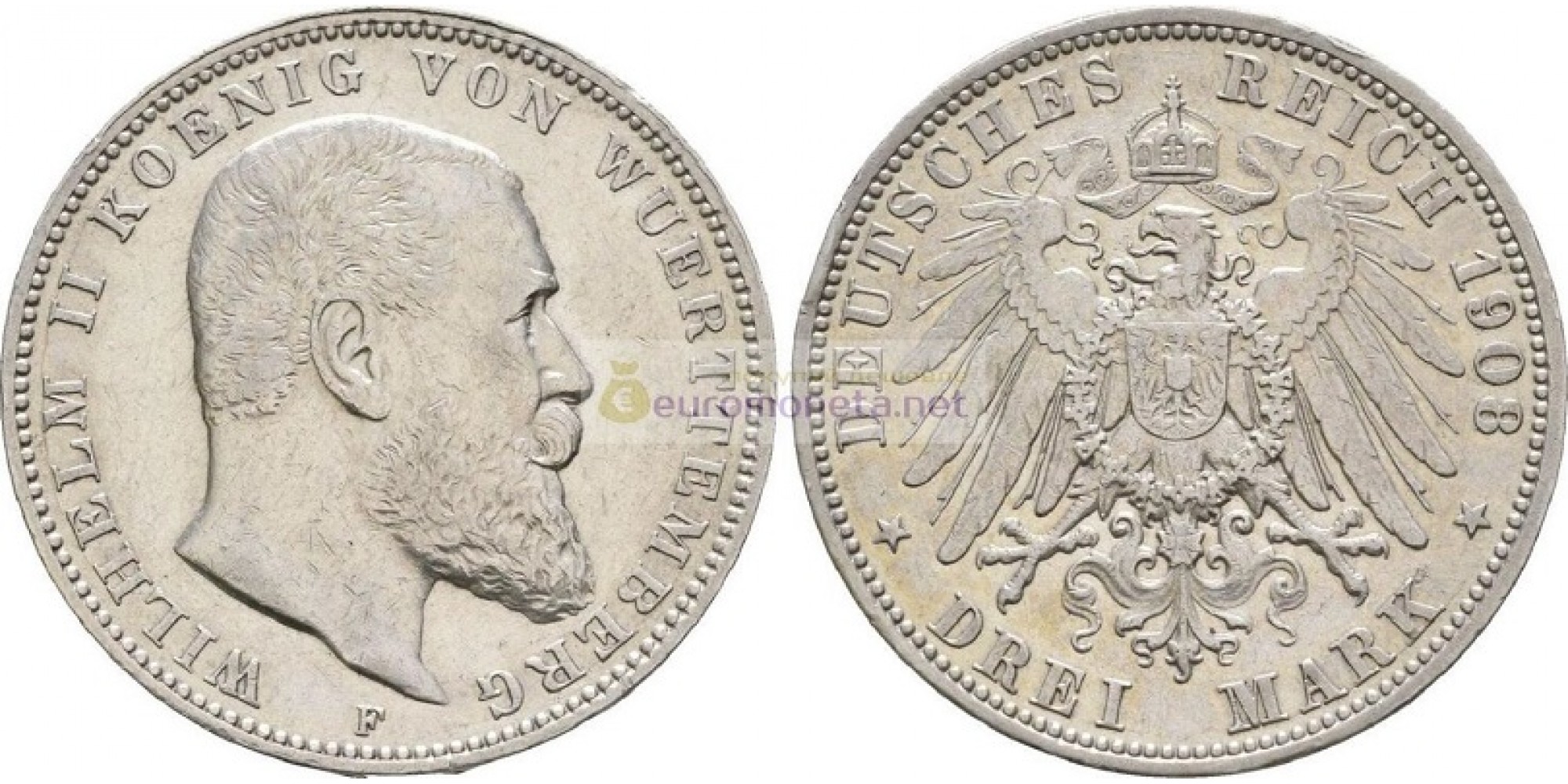 Германская империя Вюртемберг 3 марки 1908 год "F" Вильгельм II. Серебро