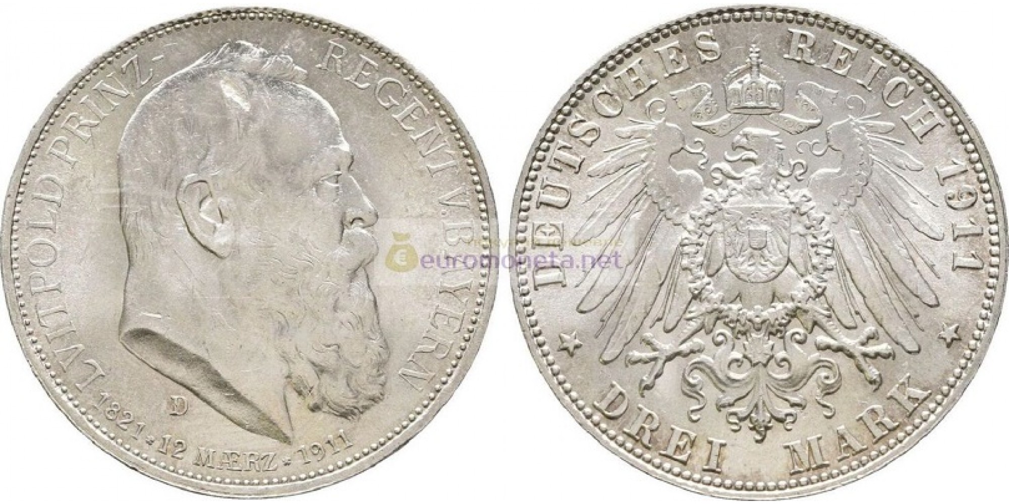 Германская империя Бавария 3 марки 1911 год "D" 90 лет со дня рождения Луитпольда Баварского. Серебро