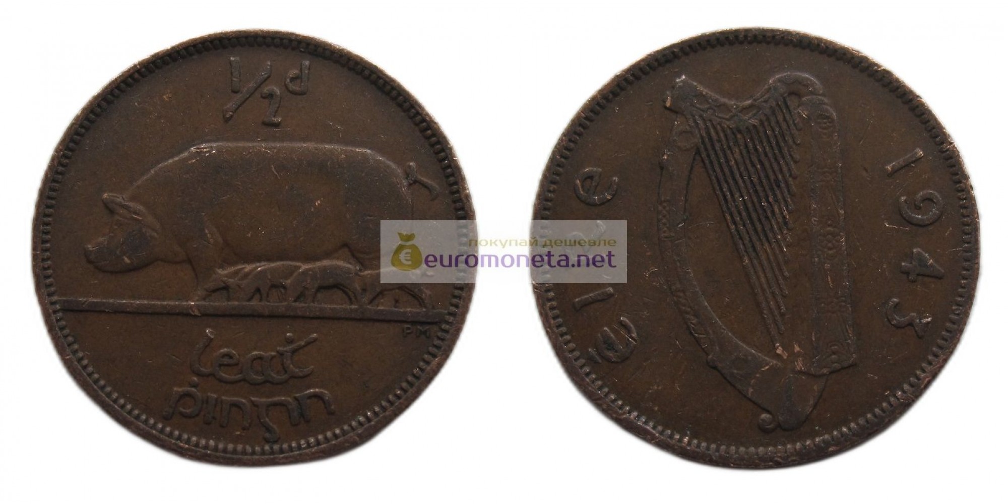 Ирландия (Ирландское Свободное государство) 1/2 пенни (полпенни) 1943 год. Свинья.