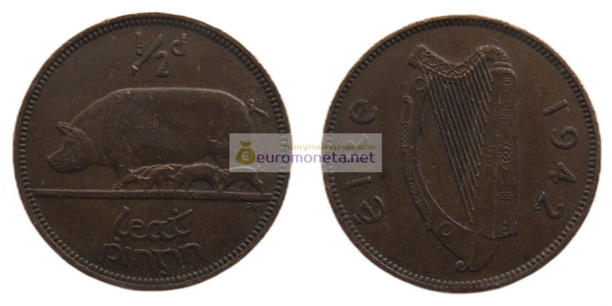 Ирландия (Ирландское Свободное государство) 1/2 пенни (полпенни) 1942 год. Свинья.