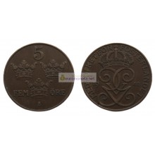 Швеция 5 эре 1942 год (бронза) Король Густав V