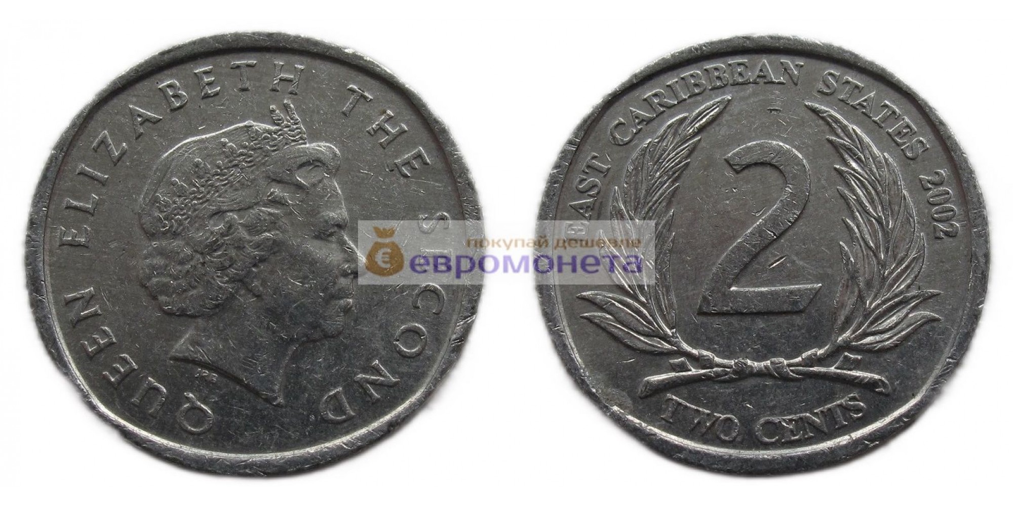Восточные Карибы 2 цента 2002 год. Королева Елизавета II