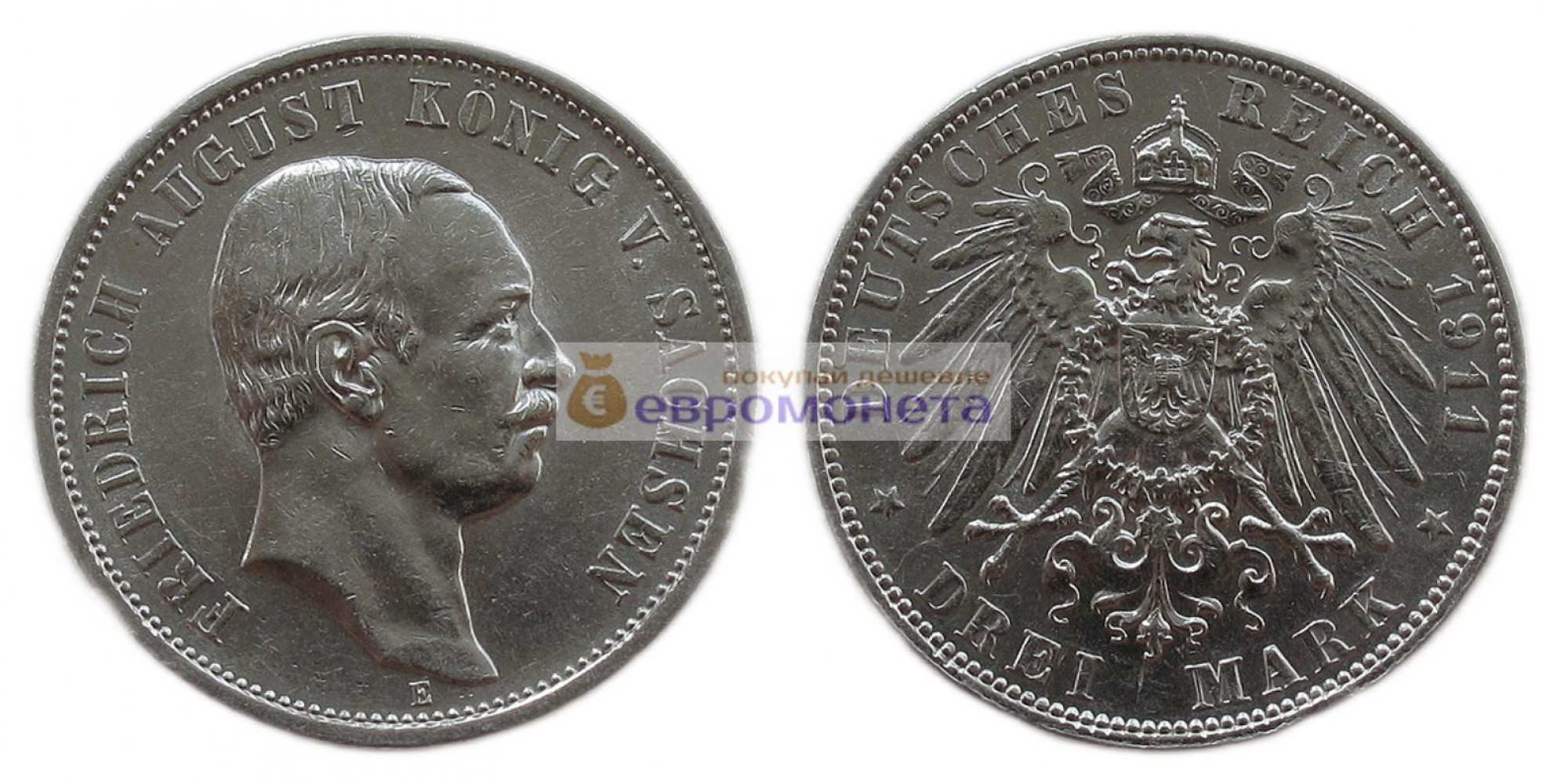 Германская империя Саксония 3 марки 1911 год "E" Фридрих Август III. Серебро.