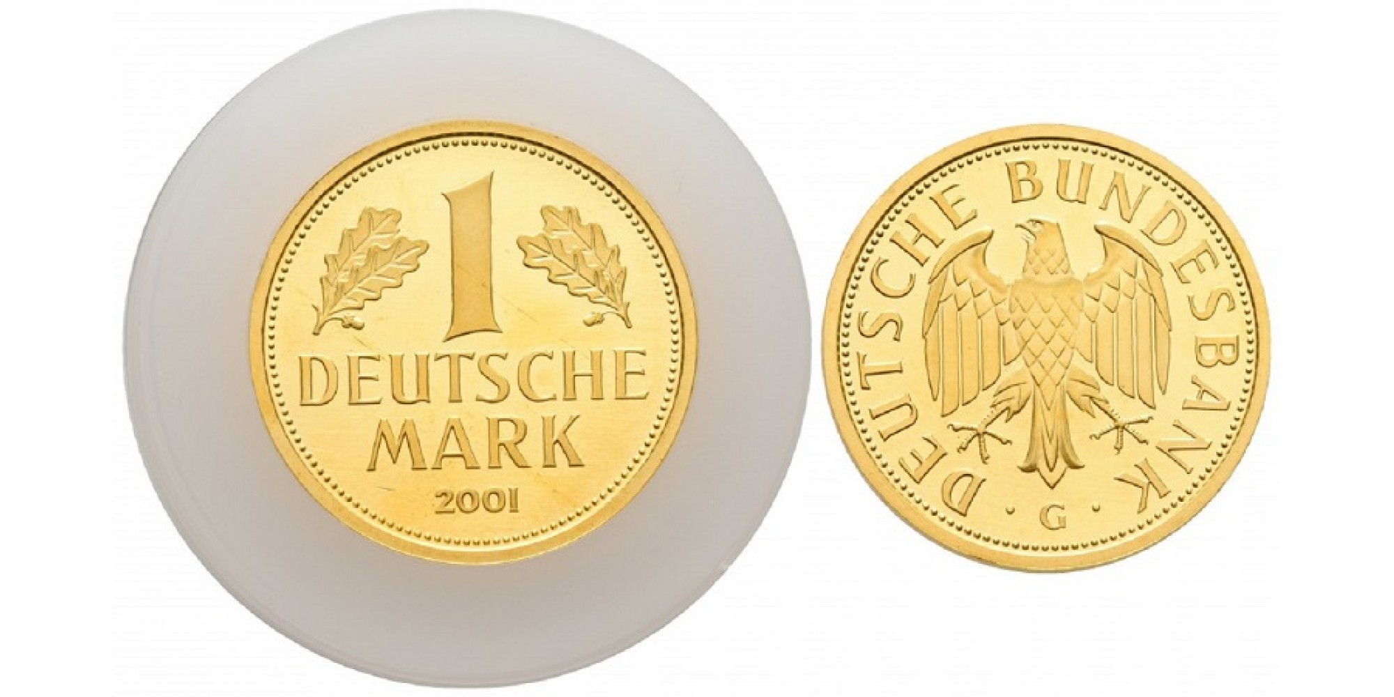 (ФРГ) Федеративная Республика Германия 1 марка 2001 год (G). Выход немецкой марки из обращения. Золото. BU - brilliant uncirculated.