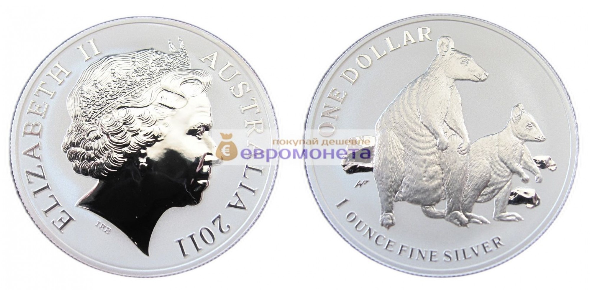 Австралия 1 доллар 2011 год Кенгуру с малышом /матовое поле монеты/. Серебро. пруф / proof
