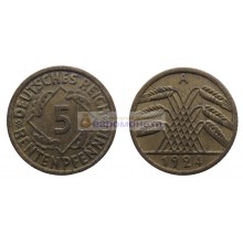 Германия (Веймарская республика) 5 рентенпфеннигов 1924 год "А" - Берлин Германия (Веймарская республика) 5 рентенпфеннигов 1924 год "А" - Берлин