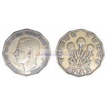 Великобритания 3 пенса 1943 год Никелевая латунь (жёлтый цвет). Король Георг VI Великобритания 3 пенса 1943 год Никелевая латунь (жёлтый цвет). Король Георг VI