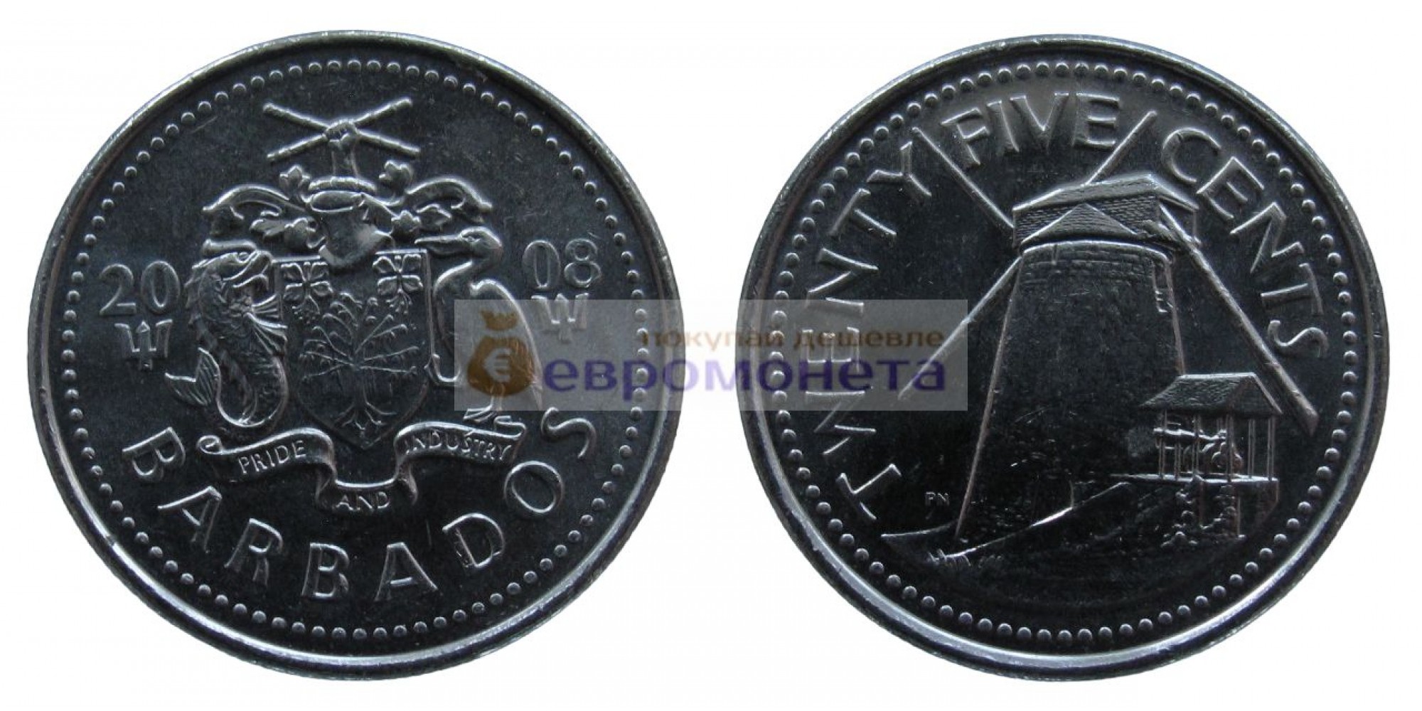 Барбадос 25 центов 2008 год. Королева Елизавета II