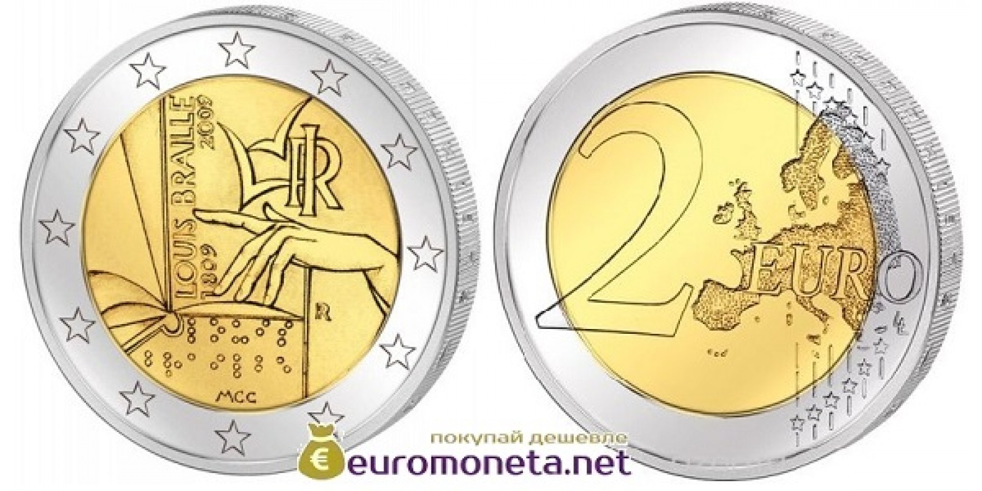 Италия 2 евро 2009 год UNC 200 лет с рождения Луи Брайля, биметалл