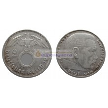 Германия третий рейх 2 рейхсмарки (марки) 1938 год D серебро Гинденбург
