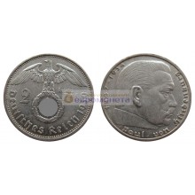 Германия третий рейх 2 рейхсмарки (марки) 1939 год A серебро Гинденбург