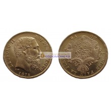 Бельгия 20 франков 1875 год. Король Леопольд II. Золото. UNC