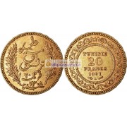 Французский протекторат Тунис 20 франков 1891 А год. Золото.