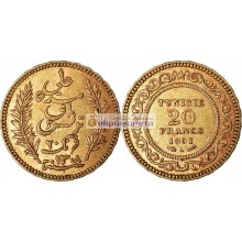 Французский протекторат Тунис 20 франков 1891 А год. Золото.