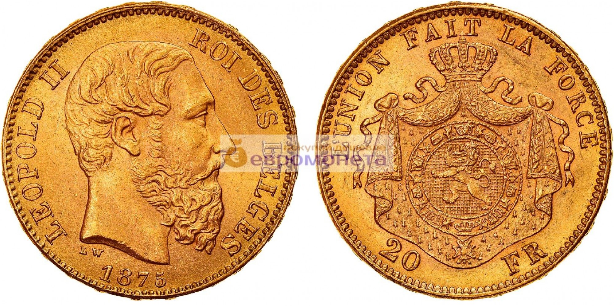 Бельгия 20 франков 1875 год. Король Леопольд II. Золото. UNC / АЦ