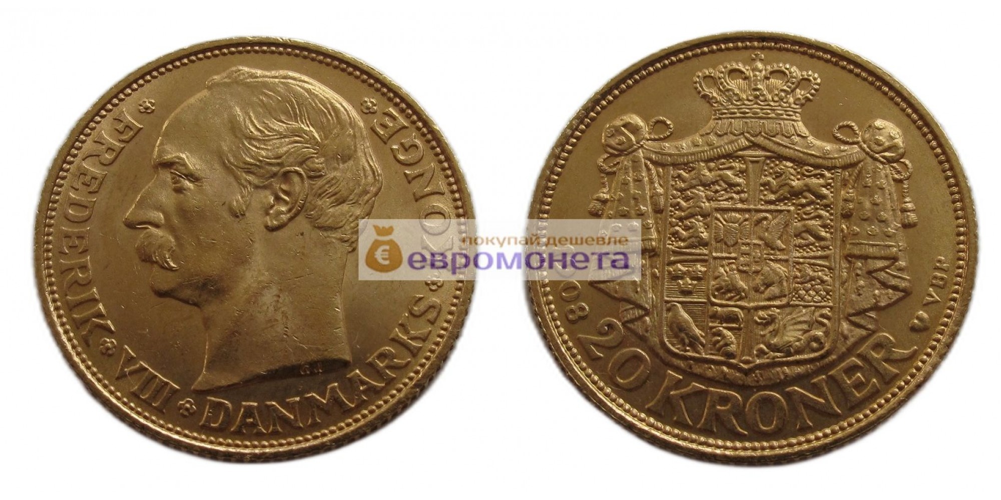 Дания 20 крон 1908 год. Король Фредерик VIII. Золото