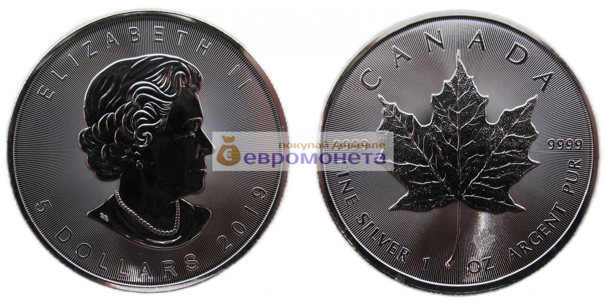 Канада 5 долларов 2019 год Кленовый лист (маленький лист под большим). Серебро унция 999 пробы