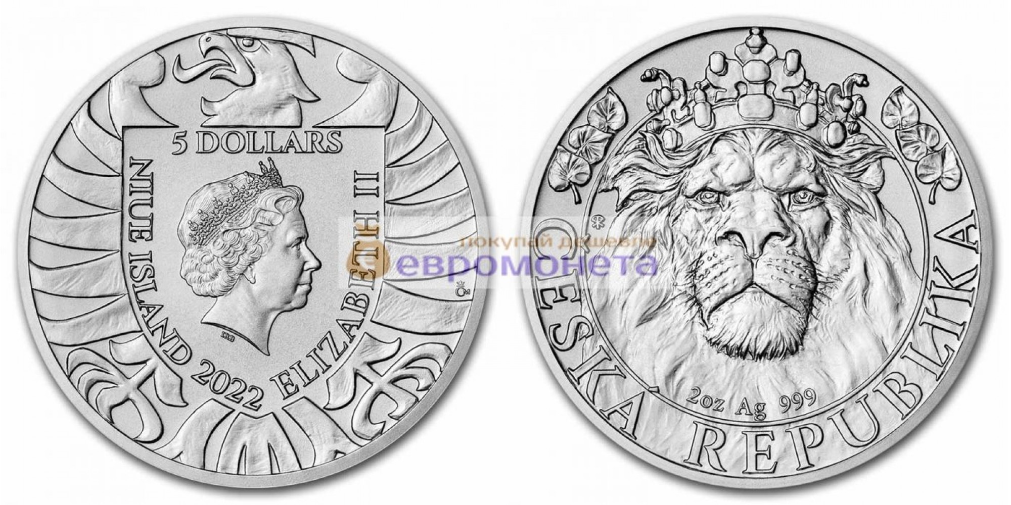 Ниуэ 5 долларов 2022 год Чешский лев. Серебро 2 унции 999 пробы