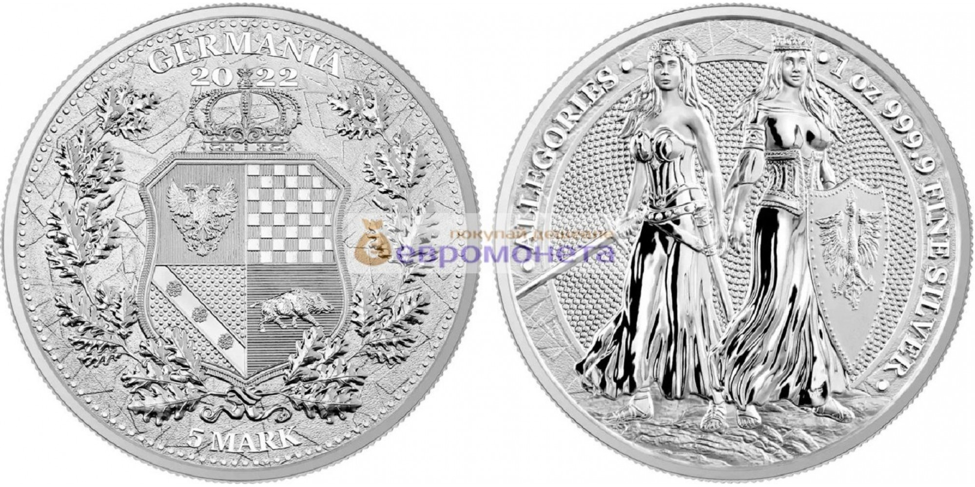 Аллегории: Польша и Германия 5 марок 2022 год 1 унция серебра 9999 пробы. Germania Mint тираж 25 000 шт.