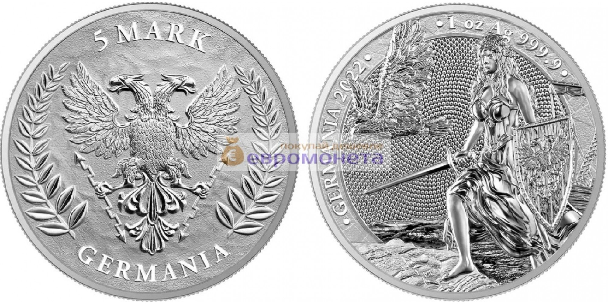 Аллегории: Германия 5 марок 2022 год 1 унция серебра 9999 пробы. Germania Mint тираж 25 000 шт.