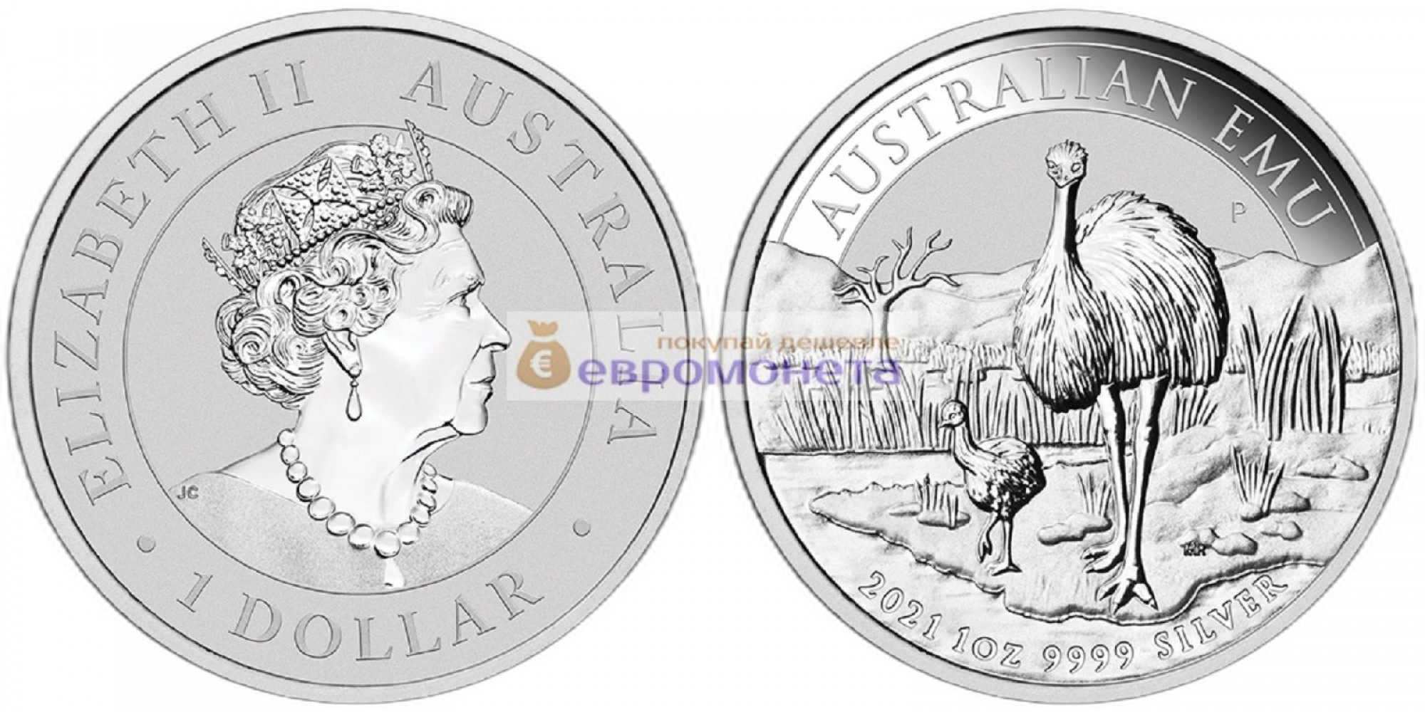 Австралия 1 доллар 2021 год Австралийский Эму. Серебро унция 999 пробы. Тираж 30 000 шт.
