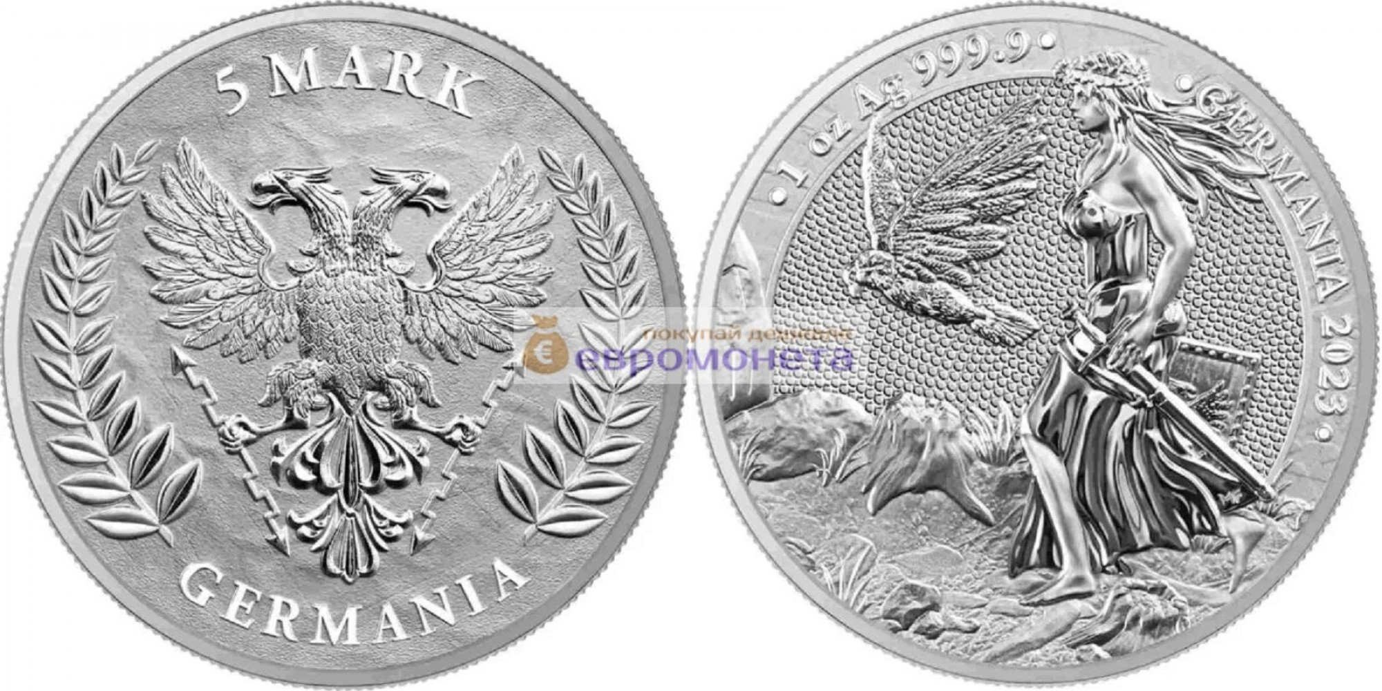 Германия 5 марок 2023 год 1 унция серебра 9999 пробы. Germania Mint тираж 25 000 шт.