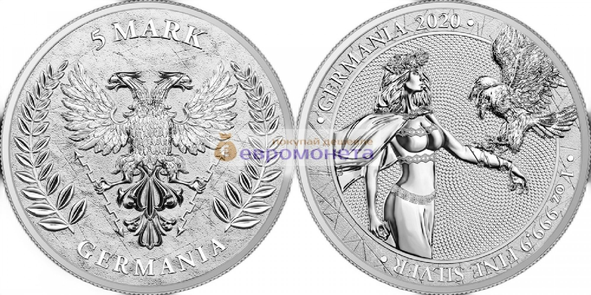 Аллегории: Германия 5 марок 2020 год 1 унция серебра 9999 пробы. Germania Mint тираж 25 000 шт.