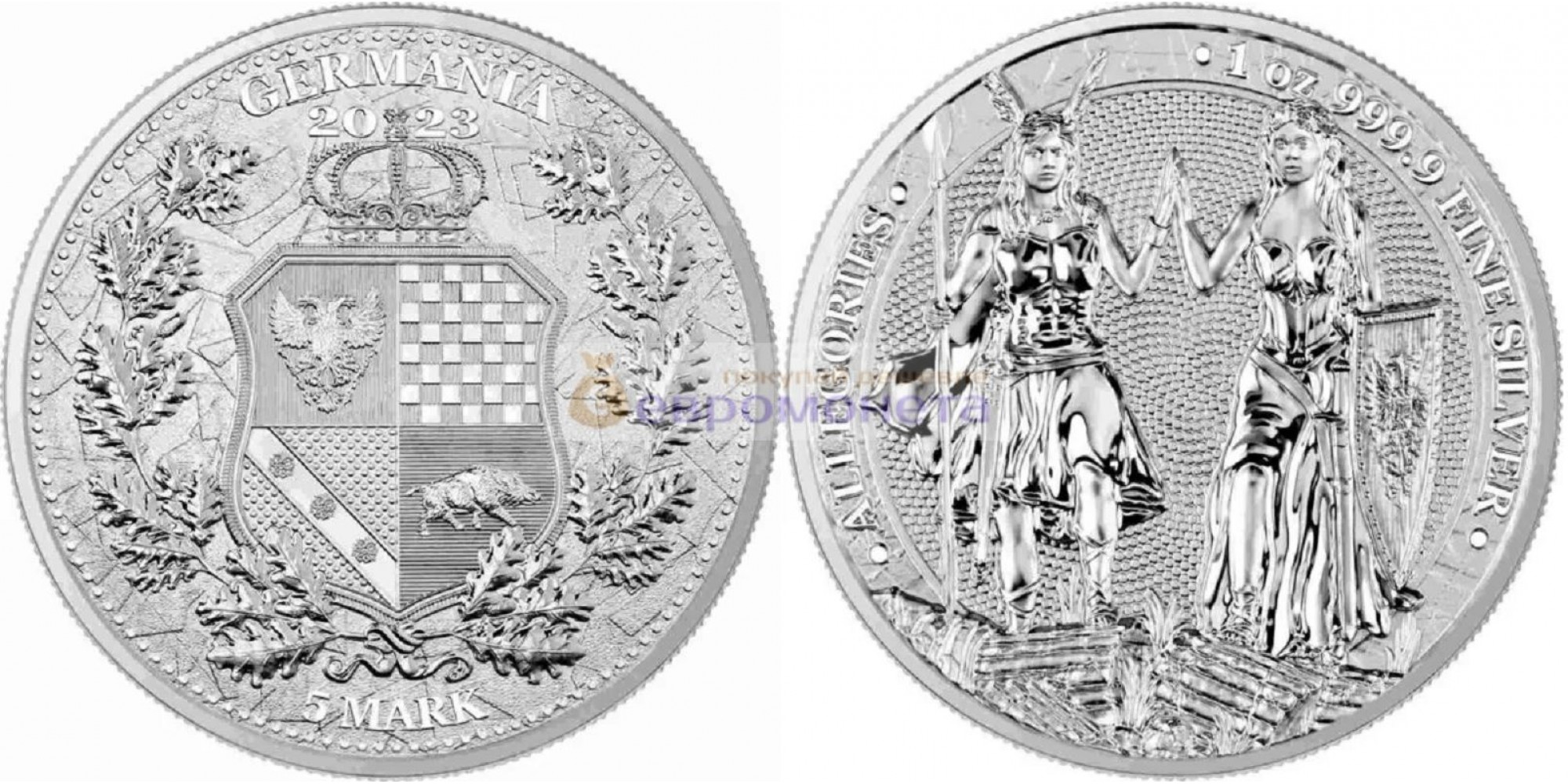 Аллегории: Галлия и Германия 5 марок 2023 год 1 унция серебра 9999 пробы. Germania Mint тираж 25 000 шт.