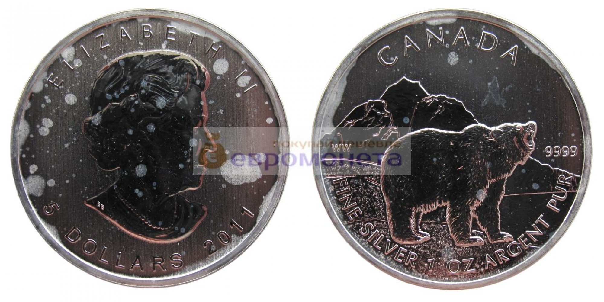 Канада 5 долларов 2011 год Природа Канады - Гризли. Серебро унция 999 пробы