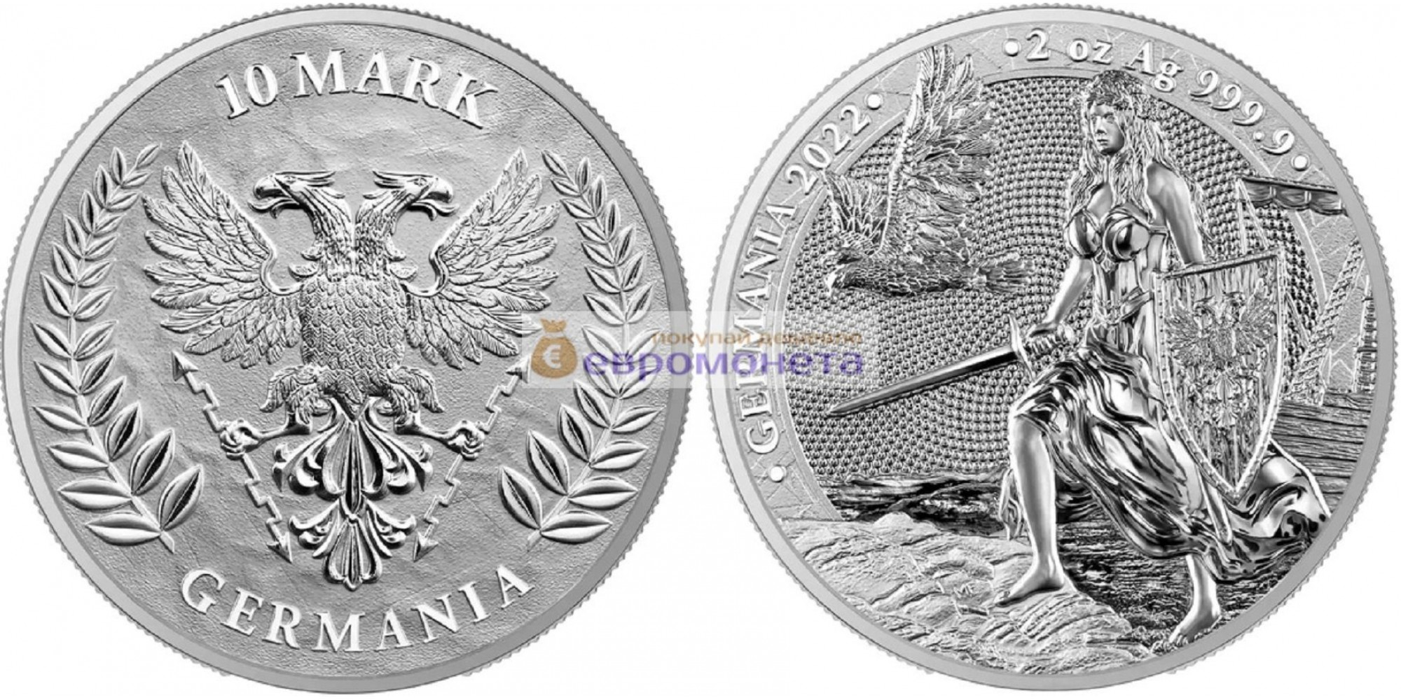 Германия 10 марок 2022 год 2 унции серебра 9999 пробы. Germania Mint тираж 2 500 шт.