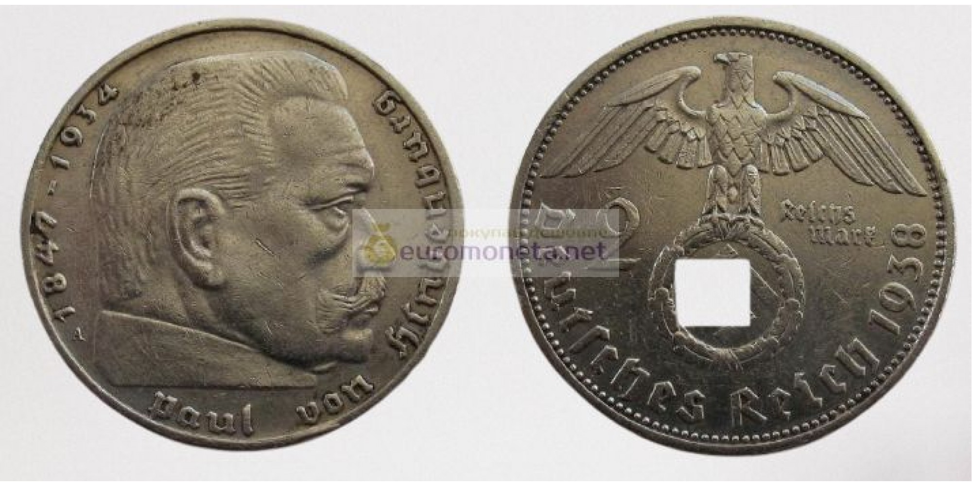 Германия 3 рейх 2 марки 1938 A свастика серебро Гинденбург состояние