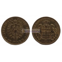 Германская империя Гамбург 10 марок 1880 год "J". Золото