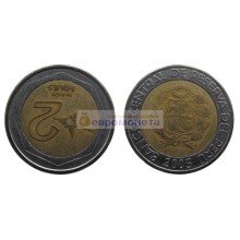 Республика Перу 2 новых соля 2005 год. биметалл