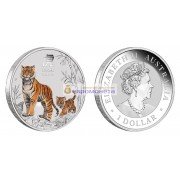 Австралия 1 доллар 2022 год тигра /Тигр с тигрёнком/ Цветное покрытие. Серебро. Унция