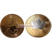 Канада 5 долларов 2022 год Кленовый лист (маленький лист под большим). Серебро. Унция (Выборочное золочение)
