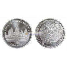 Камбоджа 3000 риелей 2023 год Серия дикой природы - пропавший Камбоджийский тигр. Серебро. Унция
