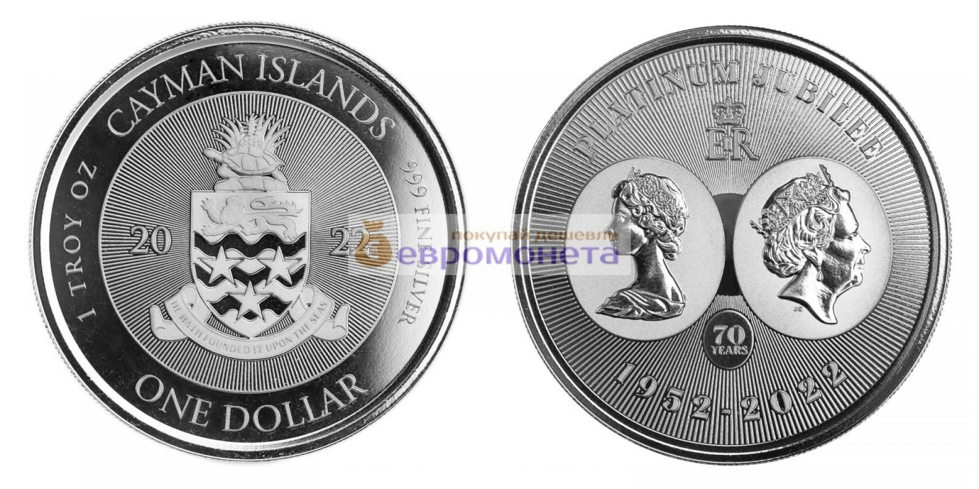 Каймановы острова (Острова Кайман) 1 фунт 2022 год Платиновый юбилей. Унция серебра 999 пробы. Тираж 7 000 шт.