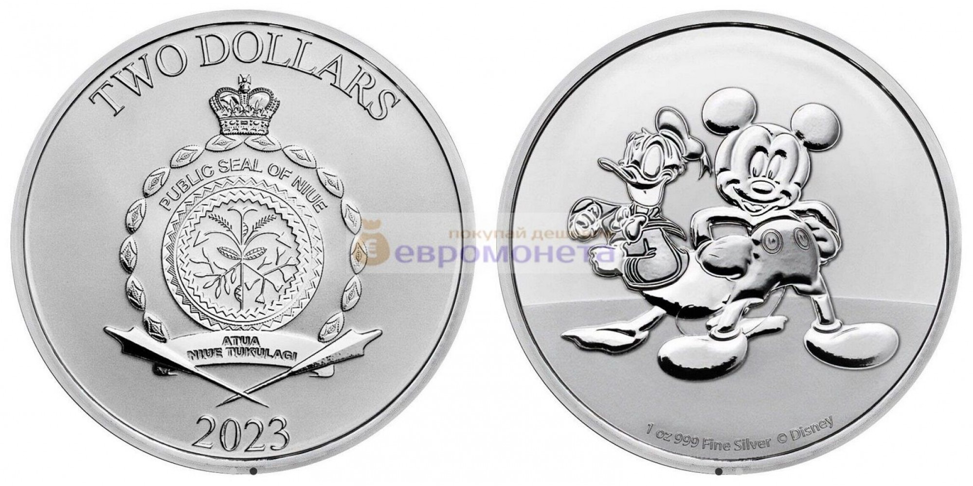 Ниуэ 2 доллара 2023 год Дисней: Микки Маус и Дональд Дак. Серебро унция 999 пробы. Тираж 15 000 шт.