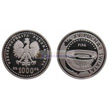 Польша 1000 злотых 1994 год Чемпионат мира по футболу 1994, США. Серебро, пруф