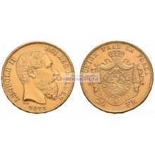 Бельгия 20 франков 1875 год. Король Леопольд II. Золото. UNC