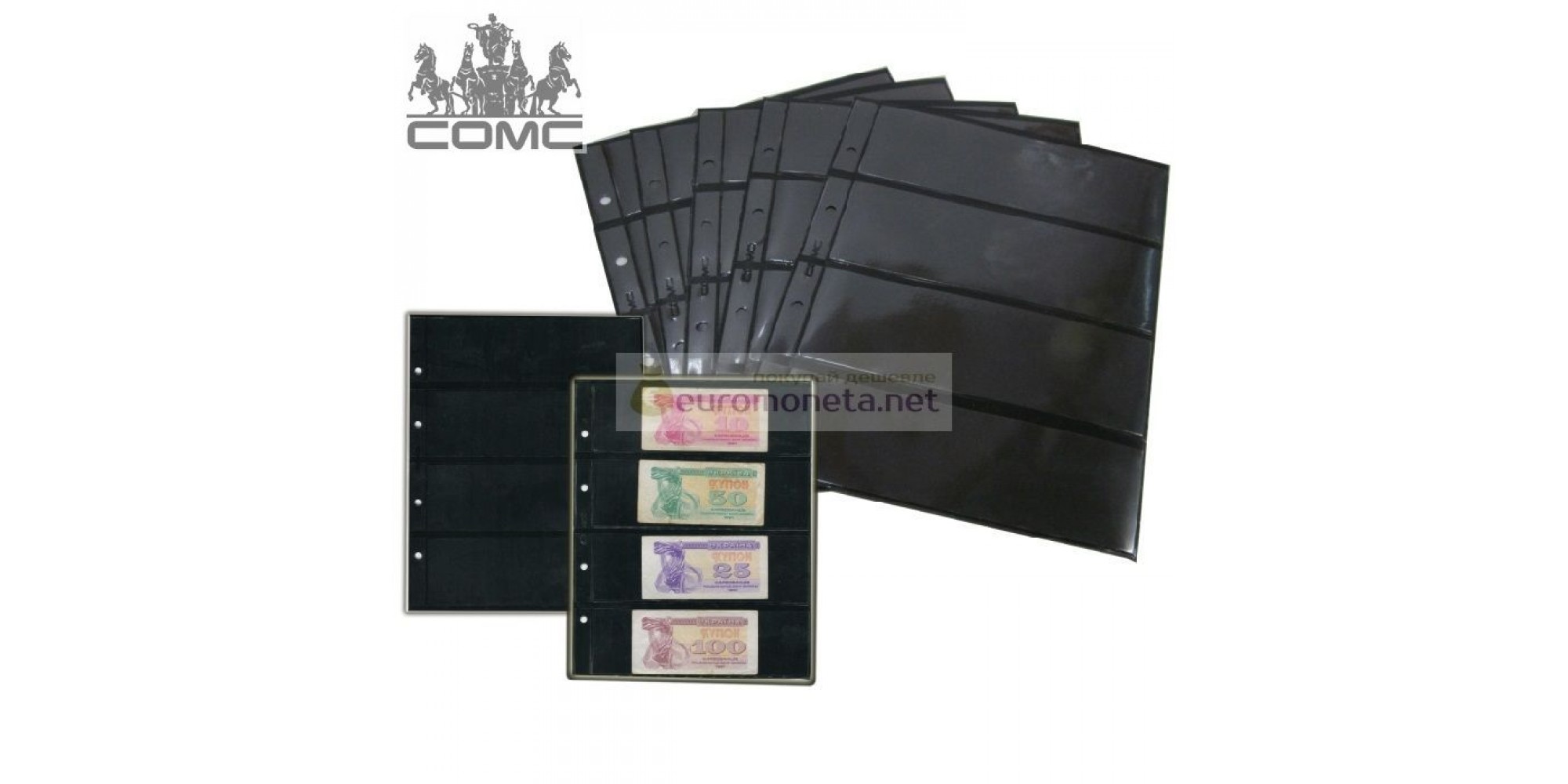 Лист для банкнот Optima, 4 ячейки на чёрной основе (8 ячеек, по 4 с каждой стороны, 180х56 мм), пр-во СОМС, Россия
